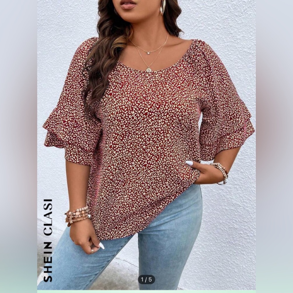 SHEIN Curve  red and white print blouse